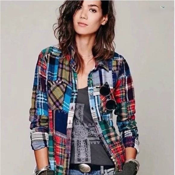 We The Free Tops - We The Free “Lost in Plaid” Patchwork Flannel Plaid Top with Lace Crochet Sides